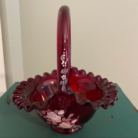 Fenton cranberry hand painted basket - Picture 3 of 13